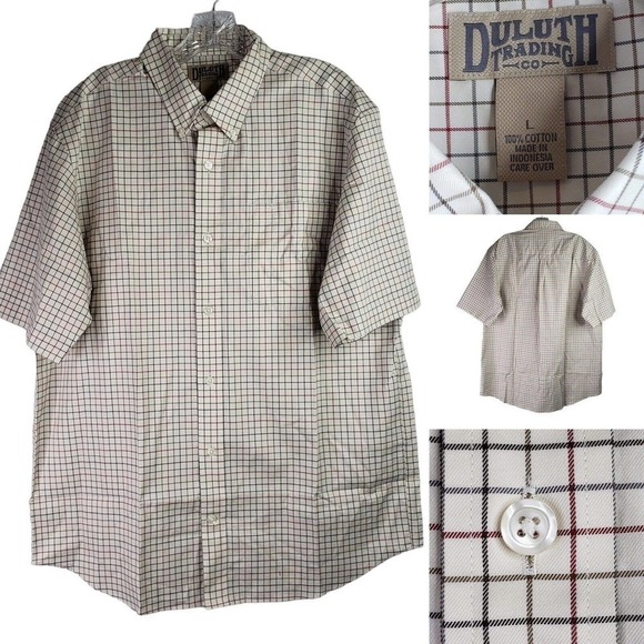Duluth Trading Co Mens White Plaid Short Sleeve Button Down Shirt Large L - Picture 1 of 10
